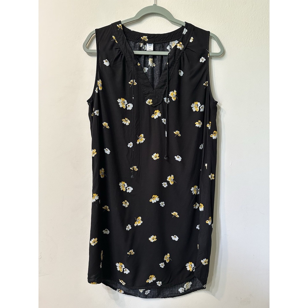 Old Navy Women Medium Black Yellow Floral Sleeveless Tie V-Neck Shift Dress M